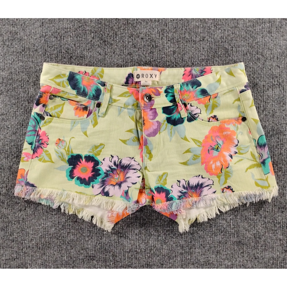 Roxy Floral Denim Cutoffs Shorts Size 26 Cotton Blend Boho Festival Streetwear